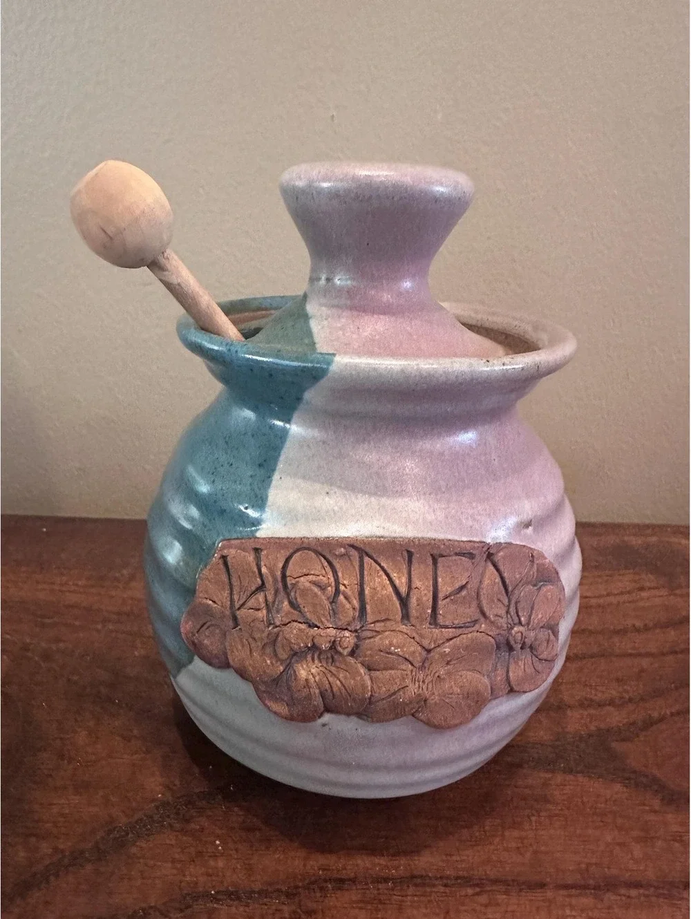 Handmade Teal & Lavender Stoneware Honey Pot with Bees with Honey Dipper